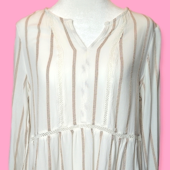 Ivory & Tan Peplum Balloon Sleeve Crochet Detail Striped Blouse Size Small - Picture 4 of 7